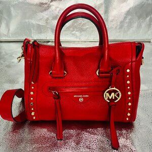 Michael Kors Satchel Bag Red Womens Carine Pebble Leather Studded Inner Pockets